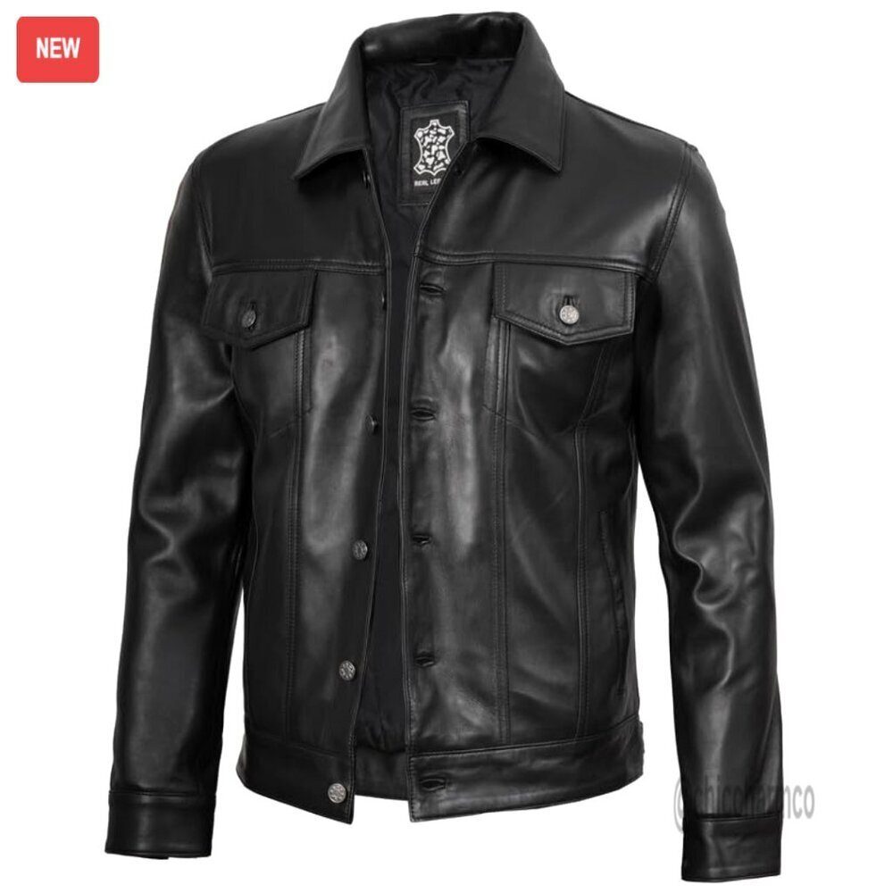 Vintage Lambskin Leather Trucker Jacket Men's Classic Retro Button Front